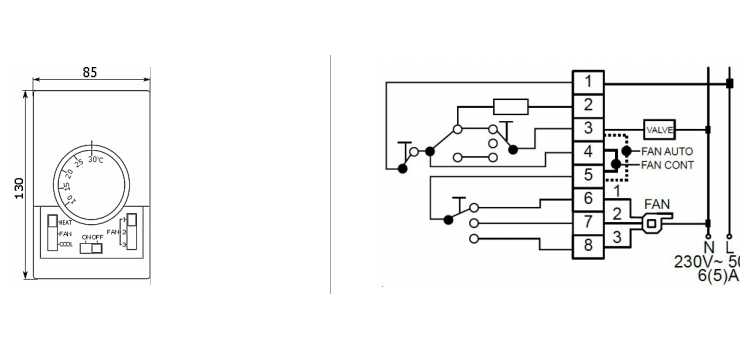 монтажные размеры и схема подключения термостата Flowair TS фото
